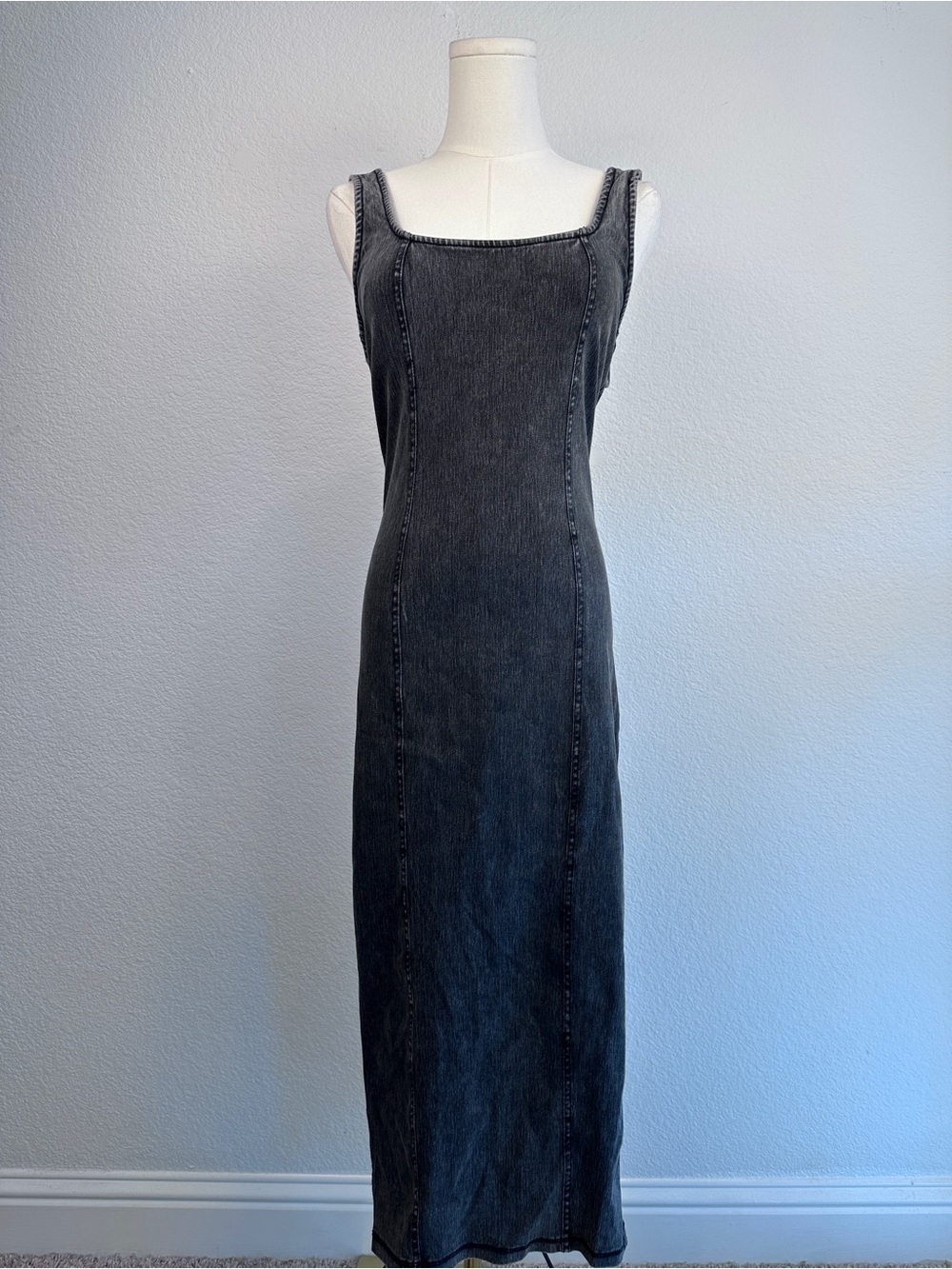 Good American Washed Black Stretch Denim Maxi Dress Size M
